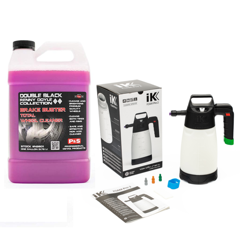 P&S Brake Buster Safe and Ik Foam Pro 2 Pump Sprayer Wheel Cleaning Kit P&S Brake Buster Non Acid Wheel Cleaner helps you safely and easily clean your wheels. You will be amazed at how quickly this product removes brake dust, road grime, light grease, and dirt from clear coated, factory painted, chrome and other delicate wheel surfaces. Simply spray the wheel down with cool water, spray the Brake Buster onto the surface, and rinse it off, it is that easy! The unique gel formula clings to the surface, breaking down contamination for safe removal. For heavily contaminated wheels allow the product to dwell for and agitate with a wheel brush. Once you are finished you will not only be left with a clean wheel, but a protected one as well. Brake Buster contains corrosion inhibitors that deposit a thin layer of protection on the wheel to protect from future corrosion. IK Foam Pro 2 Sprayer allows you to apply a thick layer of cleaning foam with ease. This high-quality bottle will allow you to apply a nice layer of foam to your vehicle to help you pre-treat the surface and remove dirt and grime safely. Add your shampoo or APC and water to the reservoir, screw on the top, pump up the pressure and apply by pushing the thumb trigger at the top of the handle. You will instantly have a layer of foam will stick to the paint, allowing the shampoo to help loosen contamination. KIT INCLUDES P&S Brake Buster (128oz) Ik Foam Pro 2 Sprayer (50oz)